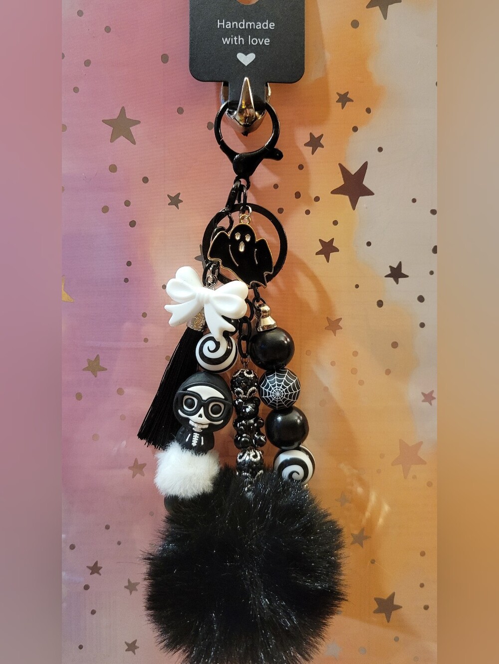 Black & White Spooky Charm Pom Keychain with Bow Halloween Handmade Bag Charm